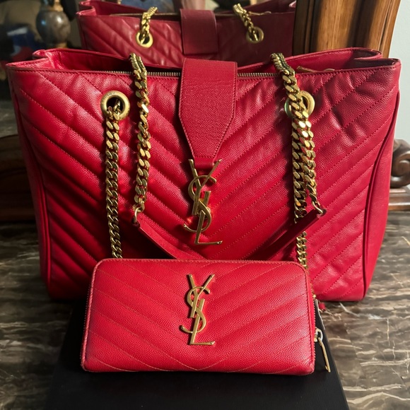 Saint Laurent Large Red “Cassandre” Tote  & Matching Wallet - Picture 2 of 16
